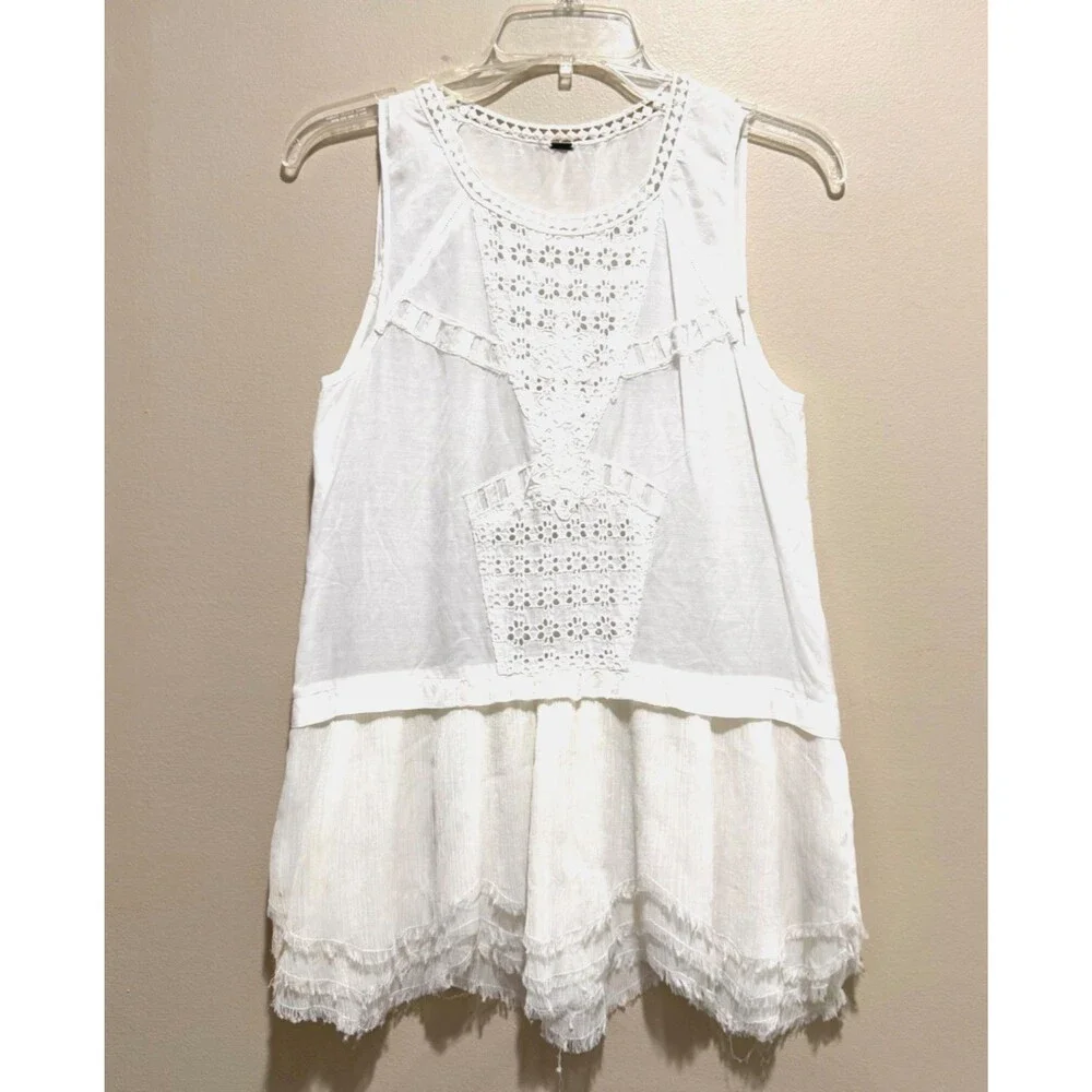 Free People Linen Crochet Lace Eyelet Peplum Cami White Boho Sheer Tank Blouse S